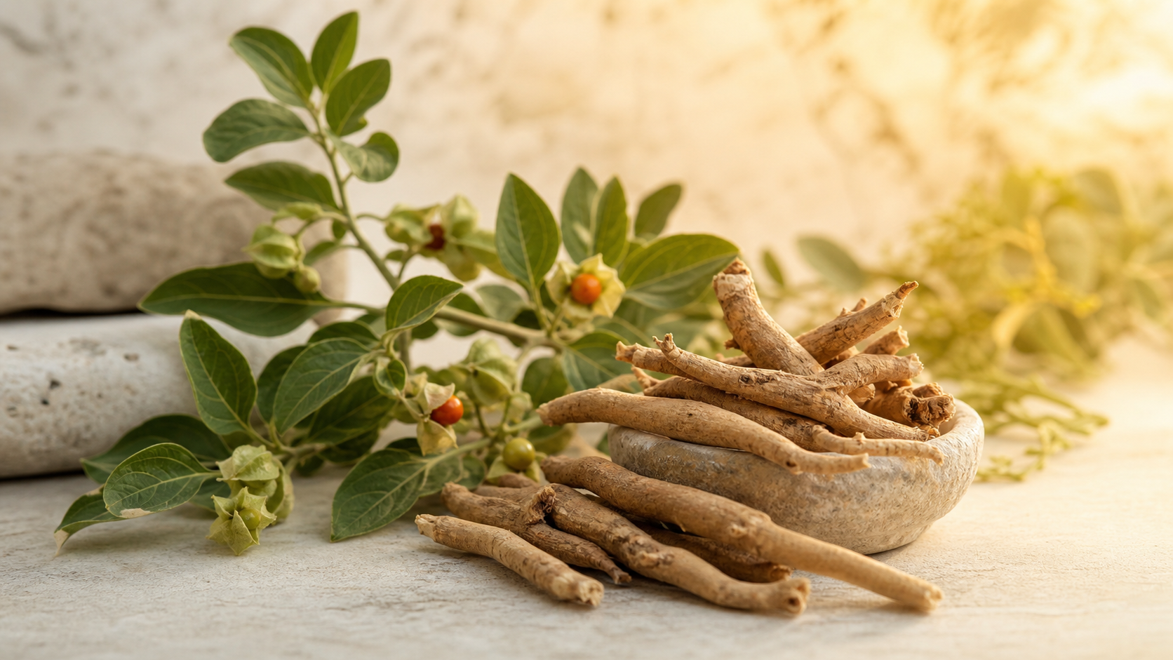 Ashwagandha-Wurzel und Withania-somnifera-inspirierte Pflanze in warmem natürlichem Licht