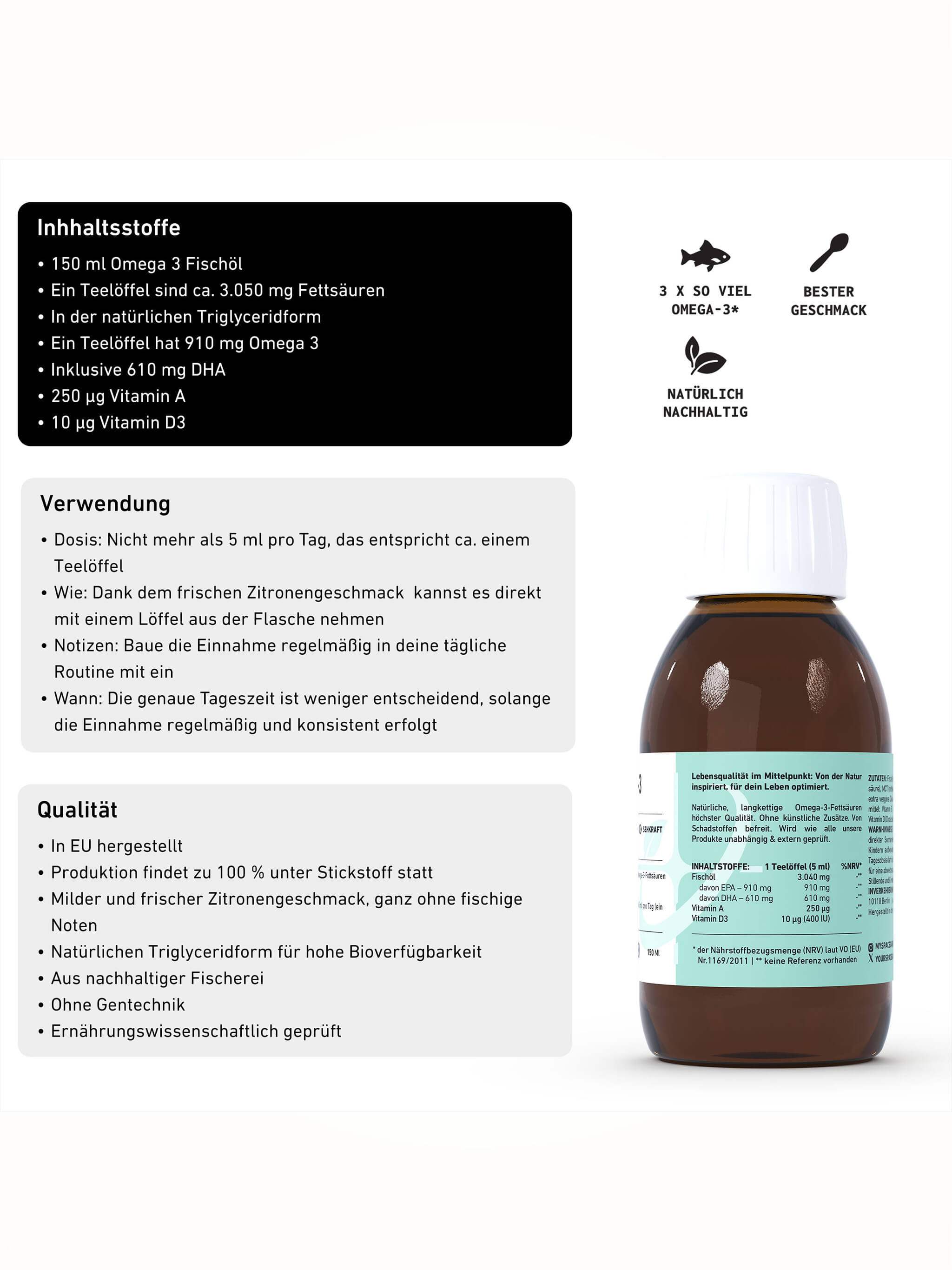 Omega-3 Fischöl Tagesportion 1520 mg EPA und DHA im Teelöffel